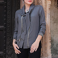 100% Silk Blouse in Flint Grey with Beaded Accents,'Dazzling Flint'