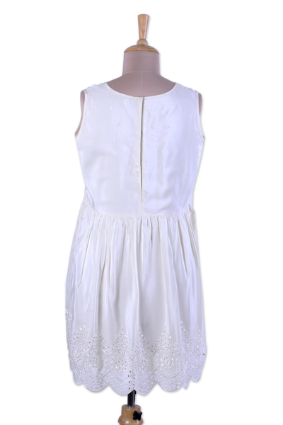 Silk tunic, 'Dreaming of Simplicity' - Ivory Silk Tunic with Embroidered Flowers from India