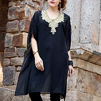 Embellished sheer caftan, 'Arabian Beauty' - Black Hand Embroidered and Embellished Caftan from India