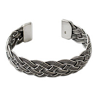 Sterling silver cuff bracelet, 'Kada Rope' - Handcrafted Sterling Silver Braided Rope Cuff Bracelet