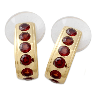 Garnet half-hoop earrings, 'Jaipur Curve' - 23k Gold Plated Sterling Silver Garnet Half-Hoop Earrings