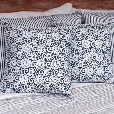 Block print cotton cushion covers, 'Misty Morning' (pair) - Square Cotton Cushion Covers in Grey and White Print (Pair)
