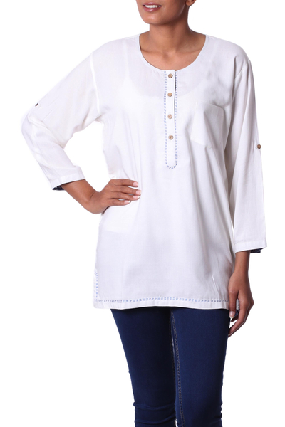 Viscose tunic, 'Classic Cloud' - Artisan Crafted Natural White Tunic from India