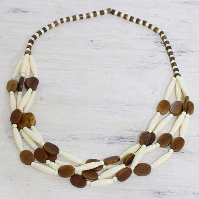 Halskette aus Knochenperlen - Handgefertigte Halskette aus braunen und weißen Knochenperlen aus Indien