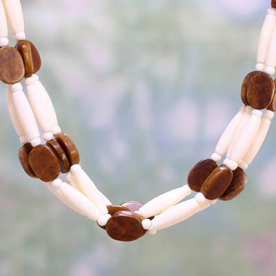 Bone beaded necklace, 'Earth's Light' - Handcrafted Brown and White Bone Beaded Necklace from India