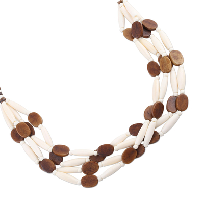Bone beaded necklace, 'Earth's Light' - Handcrafted Brown and White Bone Beaded Necklace from India