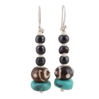 Bone dangle earrings, 'Beautiful Earth' - Handmade Beaded Bone Dangle Earrings from India