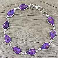 Pulsera de eslabones de plata de ley, 'Purple Cascade' - Pulsera de eslabones de plata de ley y turquesa compuesta púrpura