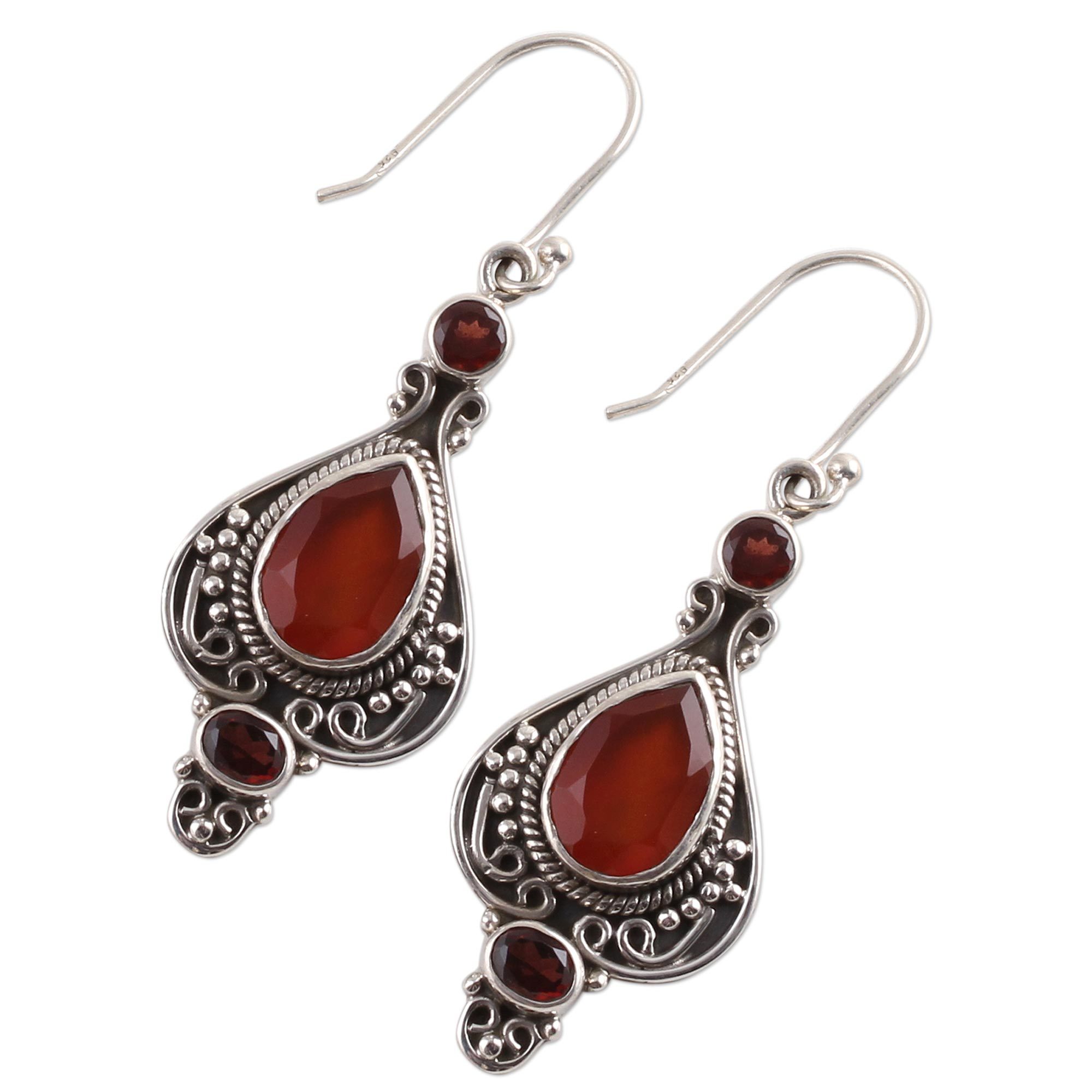 Carnelian and Sterling Silver Indian Dangle Earrings Fiery Glow NOVICA
