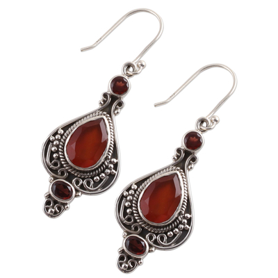 Carnelian and garnet dangle earrings, 'Fiery Glow' - Carnelian Garnet and Sterling Silver Indian Dangle Earrings
