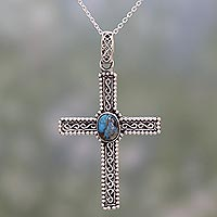 Sterling silver pendant necklace, 'Innocent Hope' - Sterling Silver and Composite Turquoise Cross Necklace
