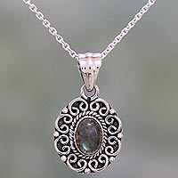 Labradorite and Sterling Silver Pendant Necklace from India,'Silver Allure'