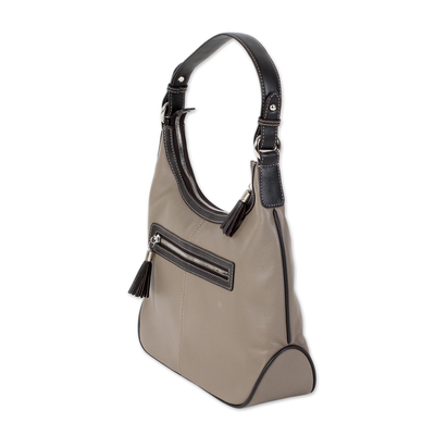 Leather hobo bag, 'Blissful Taupe' - Artisan Handcrafted Leather Hobo Bag in Taupe from India