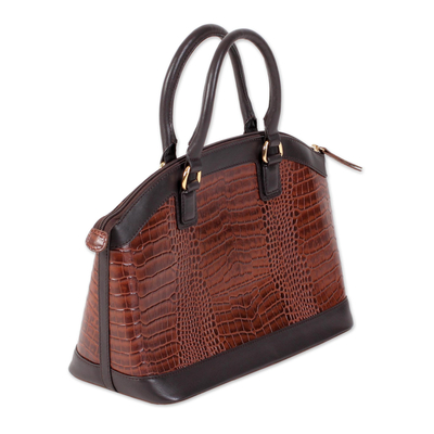 Handtasche mit Lederhenkel, 'Chestnut Majesty - Handgefertigte Handtasche mit Lederhenkel in Kastanie aus Indien