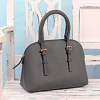 Leather handle handbag, 'Grey Sophistication' - Grey Leather Handle Handbag from India