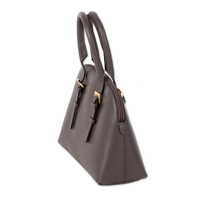 Handtasche mit Ledertraggriff, 'Grey Sophistication'. - Graue Lederhandtasche mit Henkel aus Indien