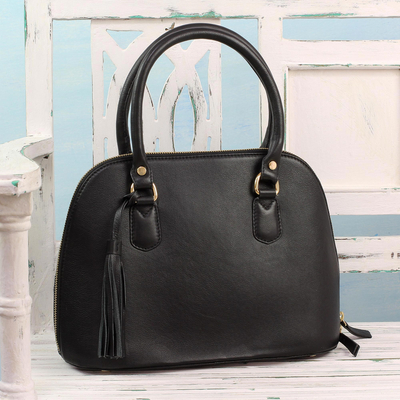 Leather handle handbag, 'Urban Dweller' - Handcrafted Black Leather Handle Handbag from India