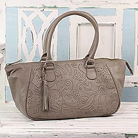Leather handbag, 'Jali Elegance' - Taupe Nappa Leather Handbag with Floral Design from India