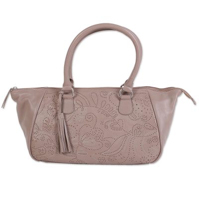 Taupe Nappa Leather Handbag with Floral Design from India
