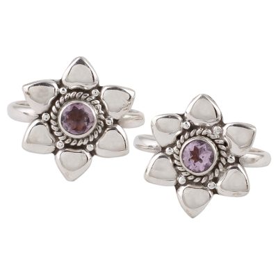 Amethyst toe rings, 'Floral Gleam' (pair) - Two Floral Amethyst and 925 Silver Toe Rings from India