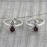 Pair of Teardrop Garnet and 925 Silver Toe Rings from India,'Scarlet Drops'