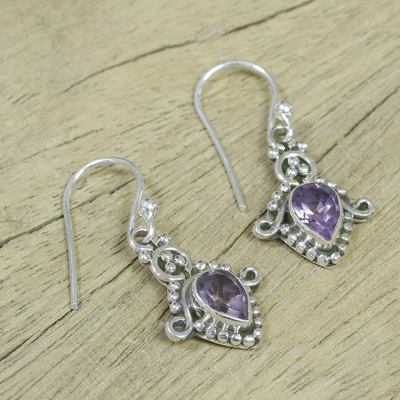 Amethyst dangle earrings, 'Dotted Delight' - Amethyst and Sterling Silver Teardrop Earrings from India