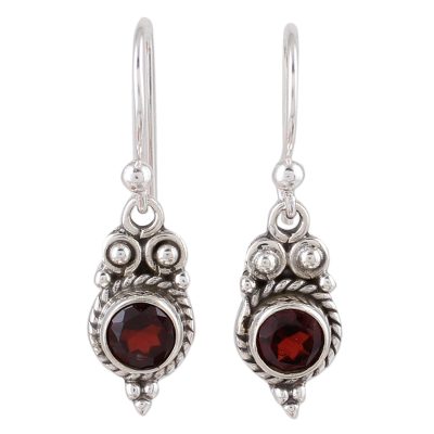 Garnet dangle earrings, 'Sunset Ropes' - Garnet and Sterling Silver Dangle Earrings from India