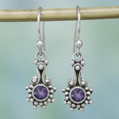 Amethyst dangle earrings, 'Lilac Dots' - Amethyst and Sterling Silver Dot Motif Earrings from India