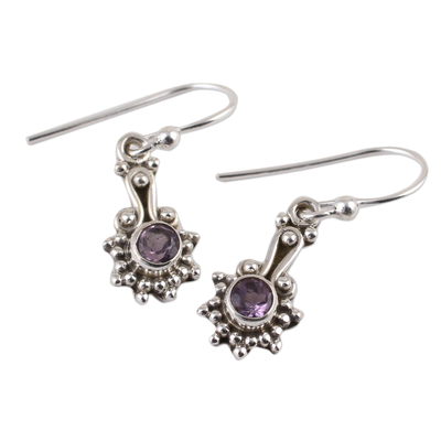 Amethyst dangle earrings, 'Lilac Dots' - Amethyst and Sterling Silver Dot Motif Earrings from India