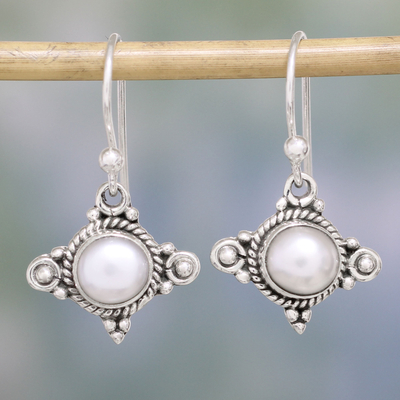 Cultured pearl dangle earrings, 'Incandescence' - Cultured Pearl and Sterling Silver Earrings from India