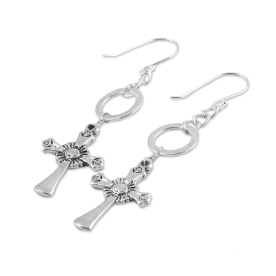Sterling silver dangle earrings, 'Radiant Faith' - Handcrafted Sterling Silver Cross Dangle Earrings from India
