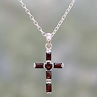 Garnet pendant necklace, 'Deep Crimson Cross'
