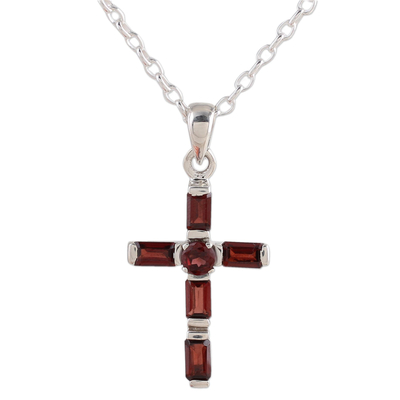 Garnet pendant necklace, 'Deep Crimson Cross' - Garnet and Sterling Silver Cross Necklace from India