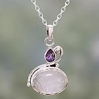 Rainbow moonstone and amethyst pendant necklace, 'Lilac Romance' - Rainbow Moonstone and Amethyst Pendant Necklace from India