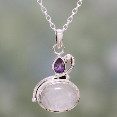 Rainbow moonstone and amethyst pendant necklace, Lilac Romance