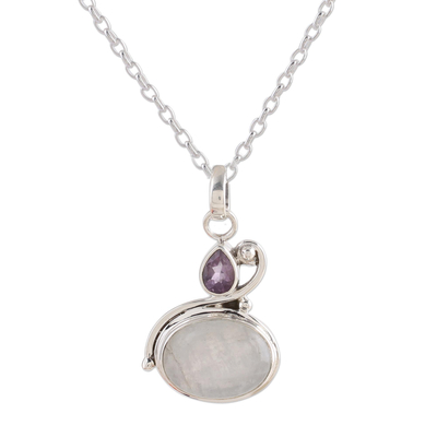 Rainbow moonstone and amethyst pendant necklace, 'Lilac Romance' - Rainbow Moonstone and Amethyst Pendant Necklace from India