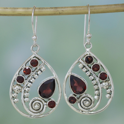 Garnet dangle earrings, 'Scarlet Dew' - Garnet and Sterling Silver Dangle Earrings from India