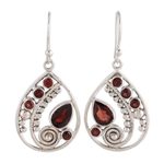 Garnet dangle earrings, 'Scarlet Dew' - Garnet and Sterling Silver Dangle Earrings from India
