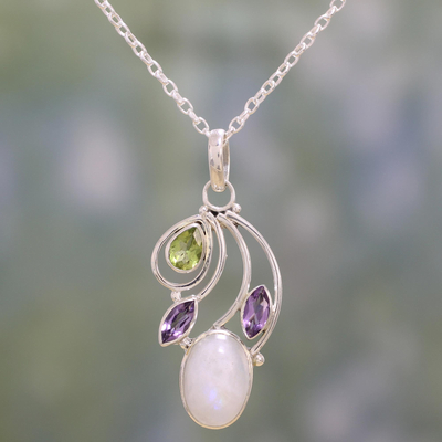 Collar con colgante de Múltiples piedras preciosas - Collar de gemas Múltiples con peridoto, amatista y piedra lunar arcoíris