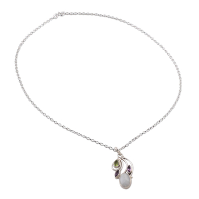 Multi-gemstone pendant necklace, 'Majestic Harmony' - Multi-Gem Peridot Amethyst and Rainbow Moonstone Necklace