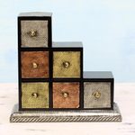 Wood and aluminum mini chest of drawers, 'Metallic Contrasts' - Artisan Crafted Repousse Decorative Box from India