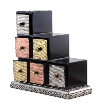 Wood and aluminum mini chest of drawers, 'Metallic Contrasts' - Artisan Crafted Repousse Decorative Box from India