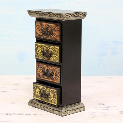 Wood and aluminum mini chest of drawers, 'Gleaming Blossoms' - Repousse Mini Chest of Drawers Decorative Box from India