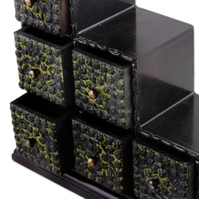 Wood and aluminum mini chest of drawers, 'Chartreuse Sextet' - Chartreuse Green Embossed Aluminum on Wood Mini-Box