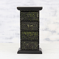 Wood and aluminum mini chest of drawers, 'Petite Posies' - Four-Drawer Repousse Floral Wood Mini Chest of Drawers