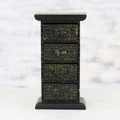 Wood and aluminum mini chest of drawers, 'Petite Posies' - Four-Drawer Repousse Floral Wood Mini Chest of Drawers