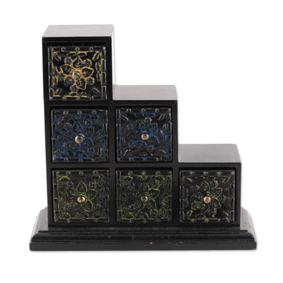 Wood and aluminum mini chest of drawers, 'Essential Blossoms' - Six -Drawer Repousse Floral Wood Mini Chest of Drawers