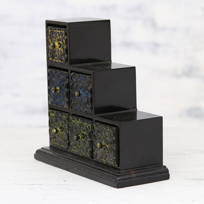 Wood and aluminum mini chest of drawers, 'Essential Blossoms' - Six -Drawer Repousse Floral Wood Mini Chest of Drawers