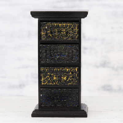 Wood and aluminum mini chest of drawers, 'Pretty Petals' - Four-Drawer Floral Repousse Wood Mini Chest of Drawers