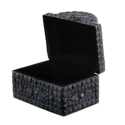 Embossed aluminum jewelry box, 'Indian Treasure' - Black and Blue Embossed Aluminum Jewelry Box from India